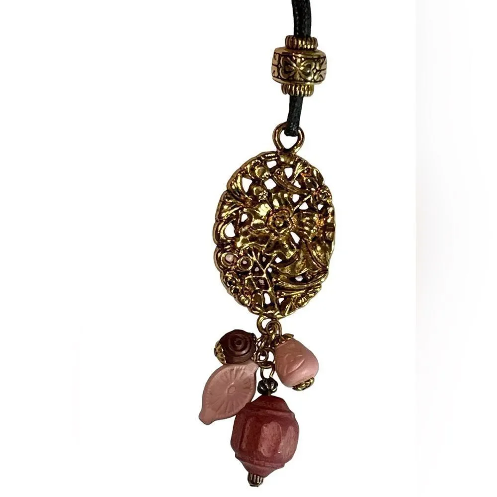 EIVIND HILLESTAD Marked EH Gold Plate Pendant Pink Bead Cord Necklace NORWAY